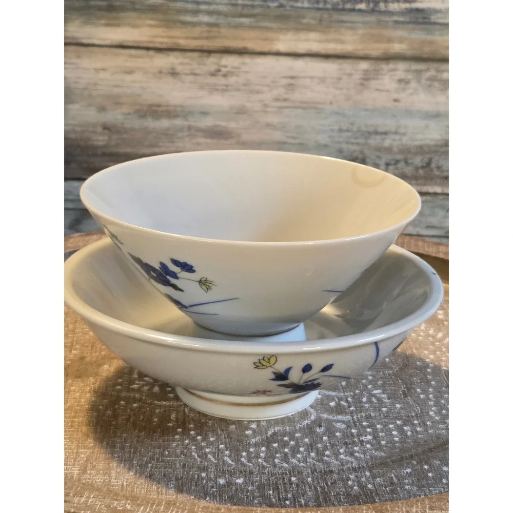 😎Vintage Japanese Floral Porcelain Lidded Rice Bowl Set Blue‎ Gold Rim Mark